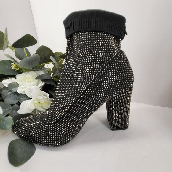 Black & Gold Rhinestone Sock Boots - Womens High Heel Stretch Ankle Boots 8.5 M - Picture 4 of 12
